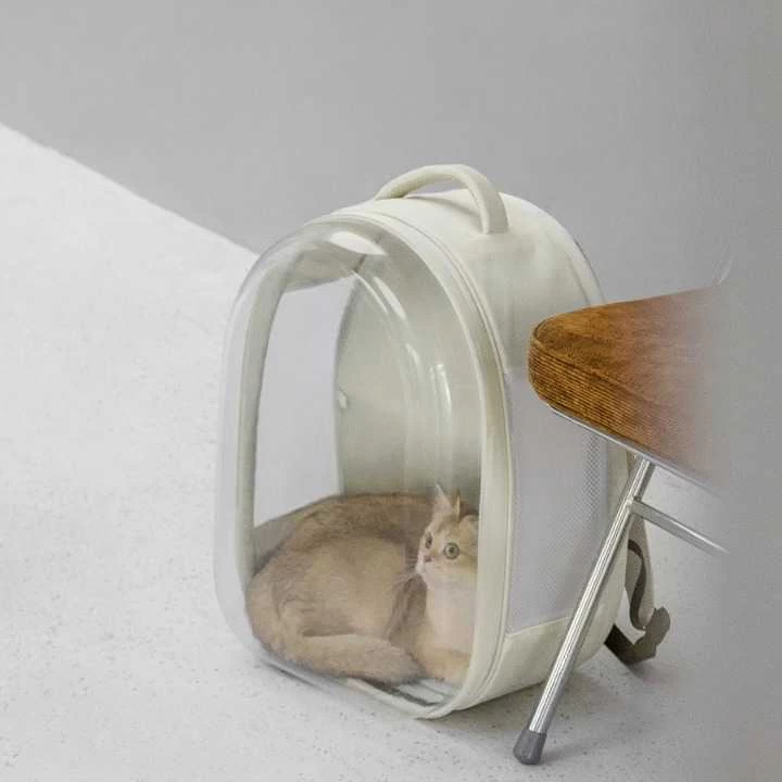 Sac à Dos De Transport Pliable Blanc En Cuir Avec Un Côté Transparent Pour Chat 1 Sac à Dos De Transport Pliable Blanc En Cuir Avec Un Côté Transparent Pour Chat