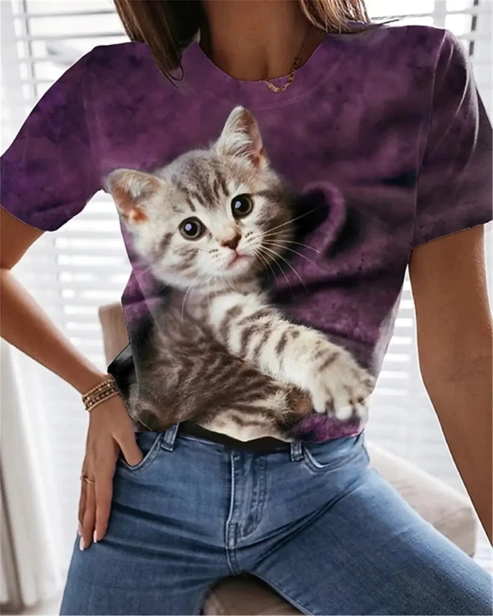 T-shirt Avec Chat Mignon Imprimé En 3D Pour Femme 2 T-shirt Avec Chat Mignon Imprimé En 3D Pour Femme – Image 2