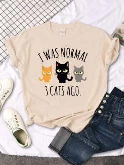 T-shirt Drôle Imprimé Avec Trois Chats Pour Femme