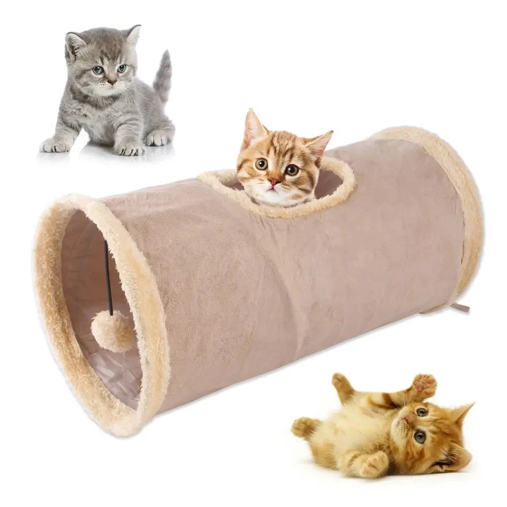 Tunnel De Jeu Pliable Avec Pompon En Tissu Suédé Pour Chat